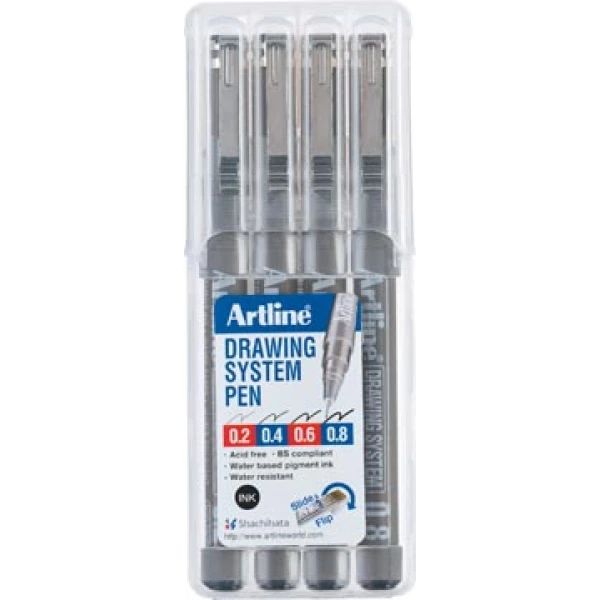 0694200 0694 06942 069420 artline fijne stift fijne stiften fineliner fineliners schrijfgerei schrijfstilft drawing system etui 4 stuks: 0 2 - 6 8 mm 34549441002923