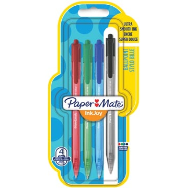 1956587 1956 19565 195658 paper papermate mate ballpoint balpen balpennen bic pen pennen schrijfgerei stylo inkjoy 100 rt blister 4 stuks in geassorteerde kleuren 13501179565870 3501179565873 assortiment aan kleuren 1 mm intrekbaar