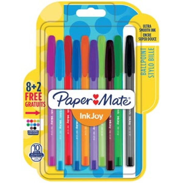 1956751 1956 19567 195675 paper papermate mate ballpoint balpen balpennen bic pen pennen schrijfgerei stylo inkjoy 100 dop blister 8 + 2 gratis 343189 13501179567515 3501179567518 assortiment aan kleuren 1 mm