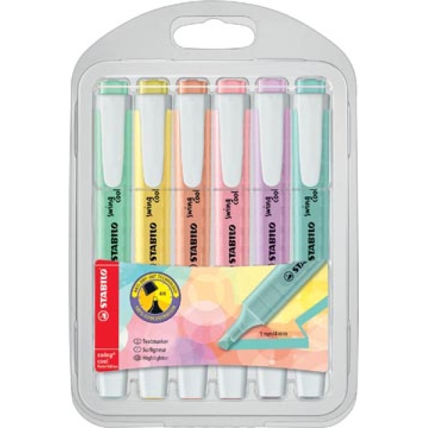 27568 2756 stabilo fluorstift fluostiften markeerstift overlijner overlijners overliner overliners tekstmarker textmarker fluostift arceerstift markeerstiften plastic swing cool geassorteerde etui 6 stuks pastel kleuren 369728 275/6-08 4006381527460 4006381527453 assortiment aan kleuren 1 - 4 mm water