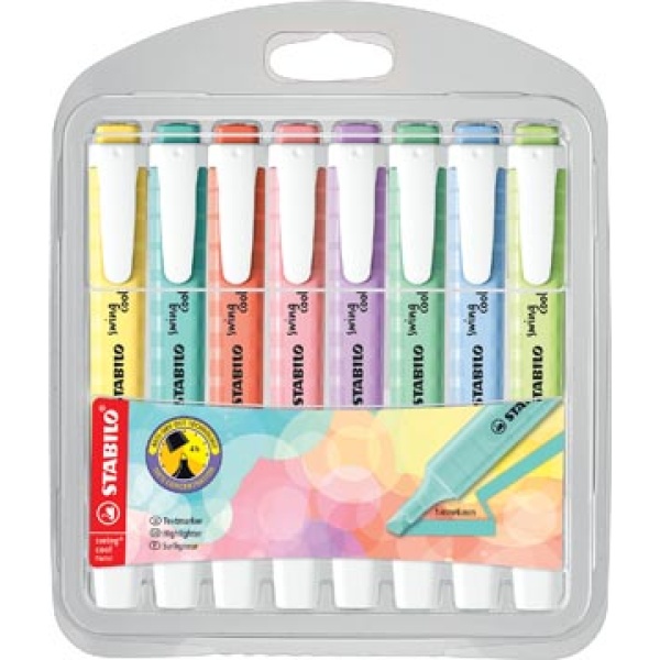 275808 2758 27580 stabilo fluorstift fluostiften markeerstift overlijner overlijners overliner overliners tekstmarker textmarker fluostift arceerstift markeerstiften swing cool pastel etui 8 stuks 275/8-08-1 4006381559508 4006381559492 assortiment aan kleuren 1 - 4 mm water