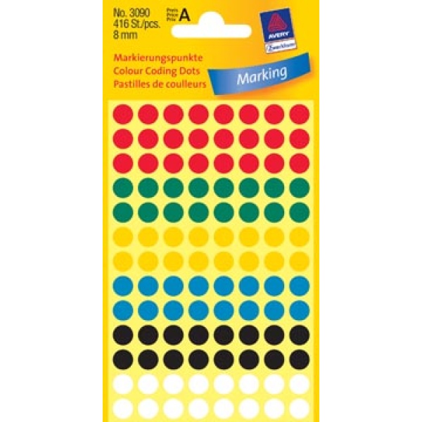 3090a 3090 zweckform etiket etiketje etiketjes label labels rond diameter 8 mm geassorteerde kleuren 416 stuks avery ronde etiketten 326246 6880977 4986104 817582 zwe80260 4004182030905 4004182283585 8 mm 104 assortiment aan kleuren