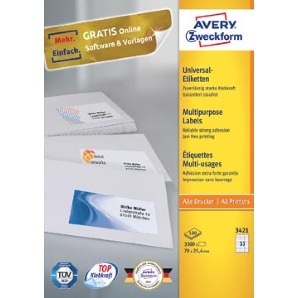 3421 zweckform etiket etiketje etiketjes label labels 4 70 x 25 mm 33 avery ultragrip universele wit etiketten vel 1100159 4455 13zwe3421 3421-100 660443 816987 zwe80192 4004182034217 4004182230053 70 x 25 4 mm 3300 rechthoekig recht voor laser voor inkjet voor kopieertoestel