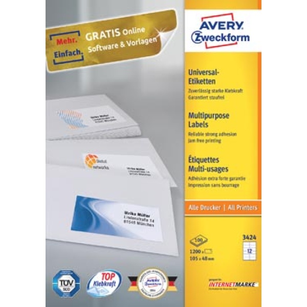 3424a 3424 zweckform etiket etiketje etiketjes label labels 105 x 48 mm 12 avery ultragrip universele wit etiketten vel 13zwe3424 4363 145044 4417 2427046 4457 3424-100 660449 816984 817765 zwe80189 zwe80322 4004182230084 4004182034248 105 x 48 mm 1200 rechthoekig recht voor laser voor inkjet voor kopieertoestel