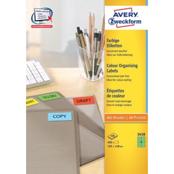 3458a 3458 etiket etiketje etiketjes label labels ft 105 x 148 mm 400 stuks groen avery gekleurde universele etiketten b h 4399 661075 6882028 817541 zwe80165 4004182230657 4004182034583 105 x 148 mm 4 rechthoekig recht voor laser voor inkjet voor kopieertoestel