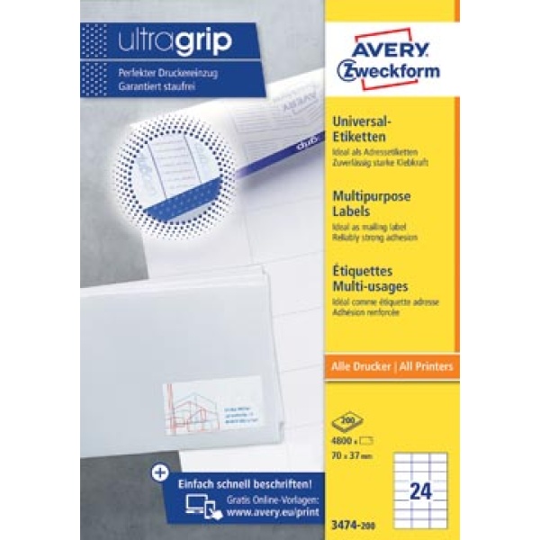 3474200 3474 34742 347420 avery zweckform etiket etiketje etiketjes label labels 70 x 37 mm 24 per 200 universele etiketten ultragrip wit vel 4989137 660603 817772 zwe80329 3474-200 4004182249819 4004182249512 70 x 37 mm 4800 rechthoekig recht voor laser voor inkjet voor kopieertoestel