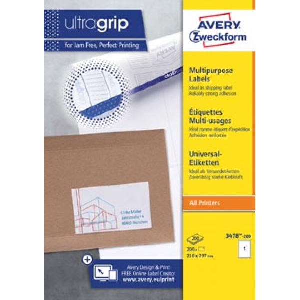 3478200 3478 34782 347820 avery zweckform etiket etiketje etiketjes etiketten label labels 3478-2 vel ultragrip universele ft 210 x 297 mm 200 1 per 5037842 660428 817760 zwe80317 3478-200 4004182074497 4004182249925 4004182249628 210 x 297 mm wit rechthoekig recht voor laser voor inkjet voor kopieertoestel