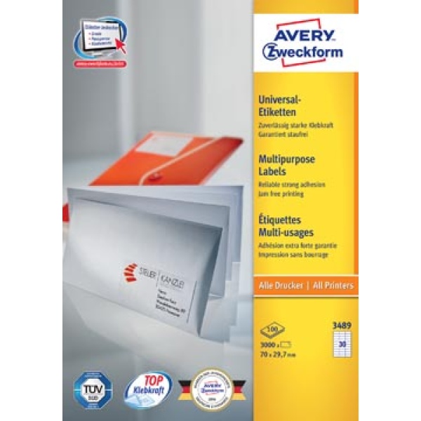 3489a 3489 avery zweckform etiket etiketje etiketjes label labels 7 70 x 29 mm 30 per 100 universele etiketten ultragrip wit vel 1102258 4456 13zwe3489 4612 2244563 2341626 816990 817155 817735 zwe80151 4004182230367 4004182034897 70 x 29 7 mm 3000 rechthoekig recht voor laser voor inkjet voor kopieertoestel