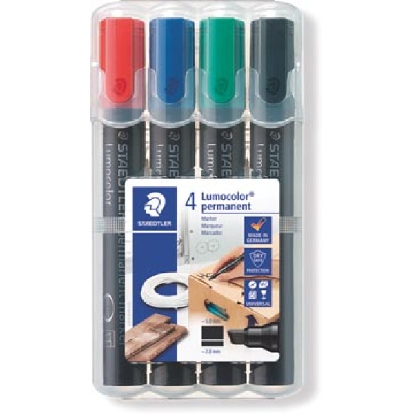 350wp4 350w 350wp staedtler alcoholstift permanent marker schuine lumocolor punt 2 - etui 4 5 mm stuks in kleu geassorteerde 631379 a7-631379 350 wp4 4007817350805 4007817350768 4007817350010 assortiment aan kleuren 2 - 5 mm schuin alcohol