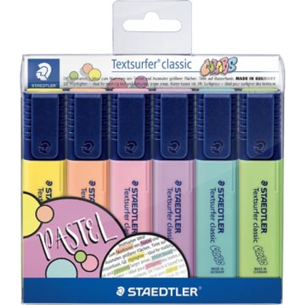 364cwp6 364c 364cw 364cwp staedtler fluorstift fluostiften markeerstift overlijner overlijners overliner overliners tekstmarker textmarker fluostift arceerstift markeerstiften textsurfer classic pastel kleuren etui 6 stuks 373014 364 cwp6 4007817049853 4007817049846 assortiment aan kleuren 1 - 5 mm