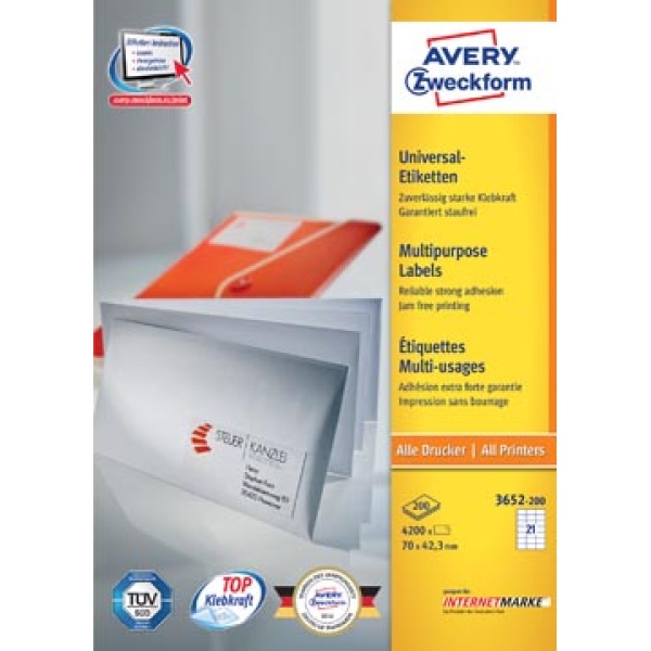 3652a 3652 zweckform etiket etiketje etiketjes label labels 3 70 x 42 mm 200 21 per avery universele ultragrip etiketten wit vel 1065044 3652-200 4989148 660645 817770 zwe80327 4004182249826 4004182249529 70 x 42 3 mm 4200 rechthoekig recht voor laser voor inkjet voor kopieertoestel