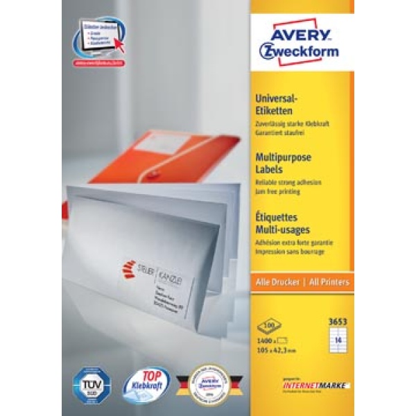 3653a 3653 zweckform etiket etiketje etiketjes label labels 3 105 x 42 mm 14 avery ultragrip universele wit etiketten vel 13zwe3653 4362 3653-100 4416 4989161 4452 660779 4625 817284 4674 817767 5057 883390 zwe80133 zwe80324 4004182230398 4004182036532 105 x 42 3 mm 1400 rechthoekig recht voor laser voor inkjet voor kopieertoestel