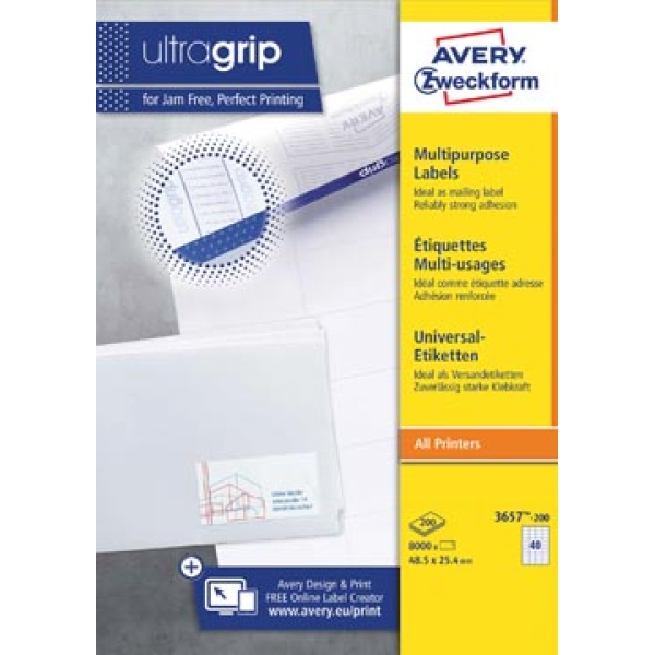 3657200 3657 36572 365720 avery zweckform etiket etiketje etiketjes etiketten label labels 3657-2 ultragrip universele vel 200 ft 48 5 x 25 4 mm 40 per 3657-200 660856 817775 zwe80332 4004182249765 4004182249468 48 5 x 25 4 mm wit rechthoekig recht voor laser voor inkjet voor kopieertoestel