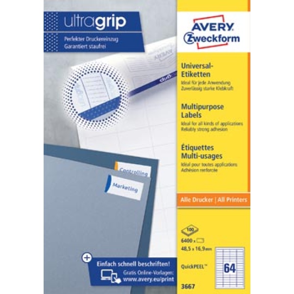 3667 avery zweckform etiket etiketje etiketjes label labels 48 9 5 x 16 mm 64 ultragrip universele etiketten wit vel 1099861 4271 13zwe3667 4607 3382191 5037853 660855 661093 817002 817776 zwe80123 zwe80333 4004182230497 4004182036679 48 5 x 16 9 mm 6400 rechthoekig recht voor laser voor inkjet voor kopieertoestel