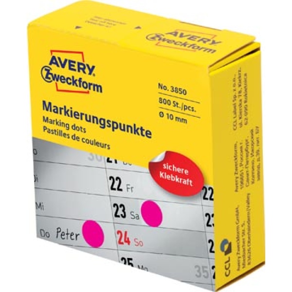 3850a 3850 avery zweckform etiket etiketje etiketjes etiketten label labels marking roze dots diameter 10 mm rol 800 stuks rood 4004182038505 4004182040362 10 mm 1 rond