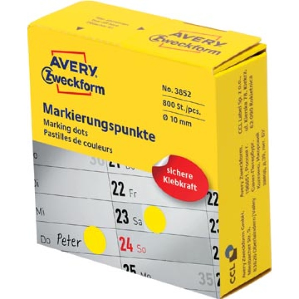 3852 avery zweckform etiket etiketje etiketjes etiketten label labels marking dots diameter 10 mm rol 800 stuks geel 4004182038529 4004182040386 10 mm 1 rond
