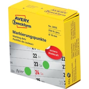 3855 avery zweckform etiket etiketje etiketjes etiketten label labels marking dots diameter 19 mm rol 250 stuks groen 4004182040416 4004182038550 19 mm 1 rond