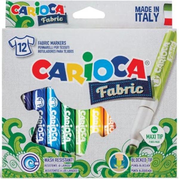 40957 4095 carioca textielmarker textielstift textielmarkers textielstiften fabric kartonnen 12 etui stiften 631480 7058565 8003511609573 8003511409579 assortiment aan kleuren