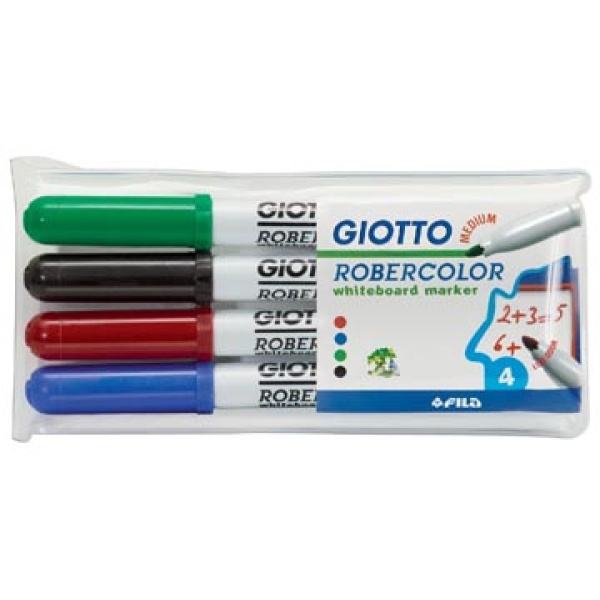 413300 4133 41330 giotto marker markers stift stiften whiteboard whiteboardmarker whiteboardmarkers witbordstift witbordstiften whiteboardstift witbordmarker robercolor medium ronde punt etui 4 stuks in geassorteerde kleuren f413300 8000825413308 assortiment aan kleuren 4 mm rond