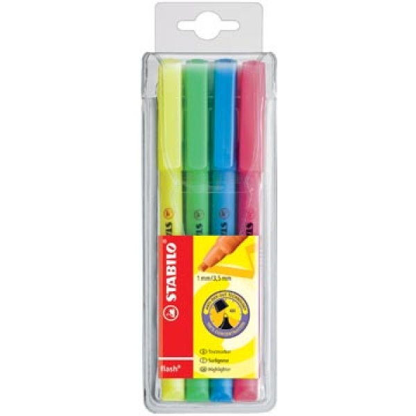 5554 stabilo fluorstift fluostiften markeerstift overlijner overlijners overliner overliners tekstmarker textmarker fluostift arceerstift markeerstiften flash etui 4 stuks in geassorteerde kleuren 555/4 4006381131834 4006381131841 tbc assortiment aan kleuren 1 - 3 5 mm water