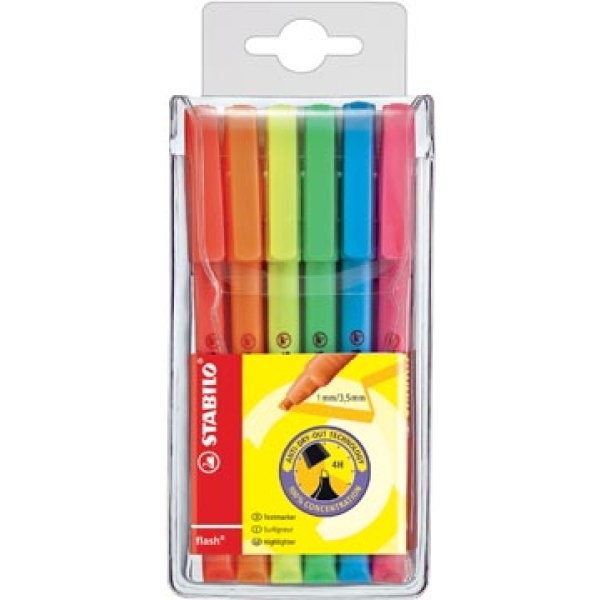 5556 stabilo fluorstift fluostiften markeerstift overlijner overlijners overliner overliners tekstmarker textmarker fluostift arceerstift markeerstiften flash etui 6 stuks in geassorteerde kleuren 555/6 4006381131872 4006381131865 assortiment aan kleuren 1 - 3 5 mm water