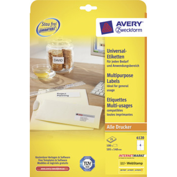 6120a 6120 avery zweckform etiket etiketje etiketjes etiketten label labels ultragrip 25+5 universele vel 105 x 148 mm 4 4004182235546 4004182061206 105 x 148 mm 120 recht rechthoekig voor laser voor inkjet wit voor kopieertoestel