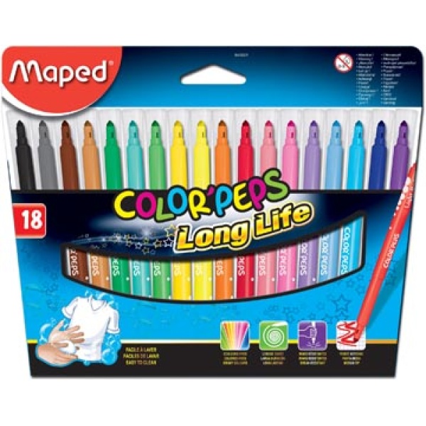 845021 8450 84502 maped kleurstift schrijfgerei stift viltstift 18 stiften in kartonnen etui color'peps viltstiften 4314096 6858971 m845021lm 23154148450218 3154148450214 assortiment aan kleuren