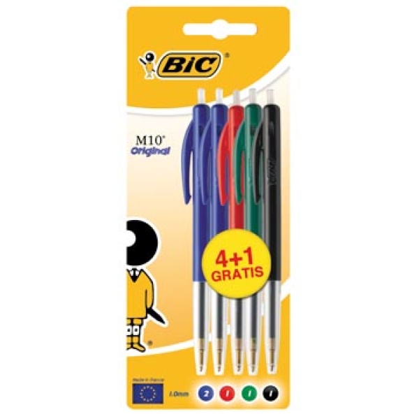 876753 8767 87675 bic ballpoint balpen balpennen pen pennen schrijfgerei stylo m10 blister 4 + 1 gratis in geassorteerde kleuren 03086128767534 3086123159358 assortiment aan kleuren 0 4 mm medium intrekbaar