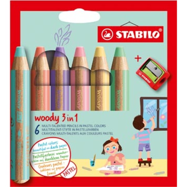 88063 8806 stabilo kleuren kleurpotloden kleurpotlood kleurtjes potloden potlood woody 3in1 etui 6 stuks in pastel 8806-3 4006381578066 4006381578059 assortiment aan kleuren