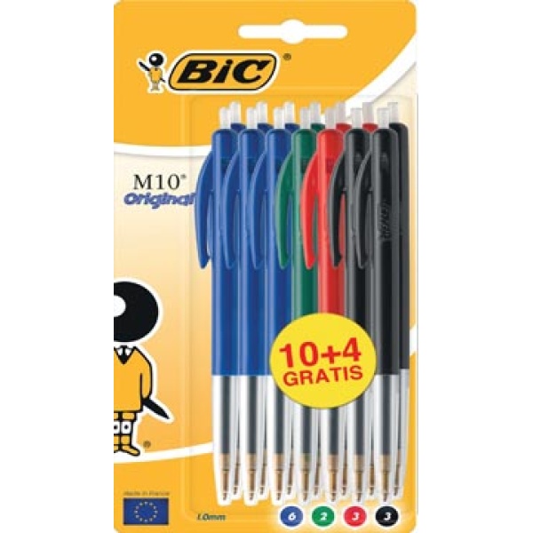 888370 8883 88837 bic ballpoint balpen balpennen pen pennen schrijfgerei stylo clic m10 0 4 mm medium punt geassorteerde kleuren blister 10 stuks + gratis 616359 03086128883708 3086123222502 assortiment aan kleuren 0 4 mm intrekbaar