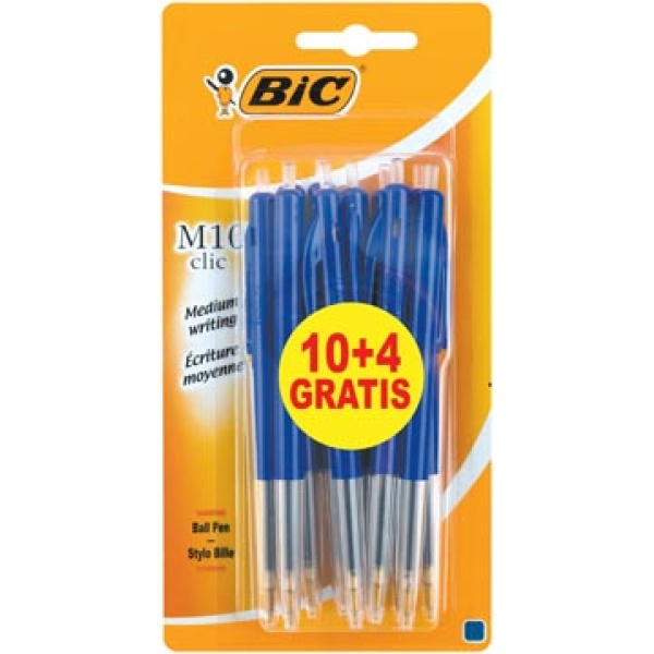 888371 8883 88837 bic ballpoint balpen pen pennen schrijfgerei stylo m10 0 4 mm medium punt blister bleu clic 10 stuks + gratis balpennen 616352 03086128883715 3086123222519 0 4 mm intrekbaar