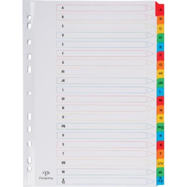 901258 9012 90125 pergamy scheidingstroken scheidingstrook tabblad tabbladen tabulator tussenbladen verdeelstroken verdeelstrook scheidingsstroken indexblad ft a4 11-gaatsperforatie geassorteerde kleuren a-z 20 tabs 34848 8435506932203 tbc 8435506931374 wit karton 171 g/m²