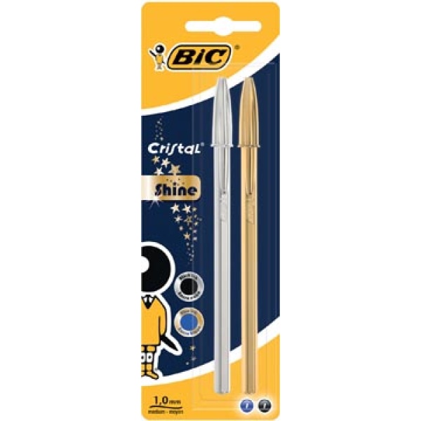 9213361 9213 92133 921336 bic ballpoint balpen balpennen pen pennen schrijfgerei stylo cristal shine blister 2 stuks goud zilver 03086129213368 3086123356085 0 4 mm medium