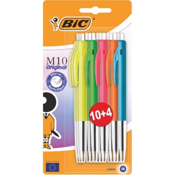 947676 9476 94767 bic ballpoint balpen balpennen pen pennen schrijfgerei stylo m10 original ultracolours blister 10 + 4 gratis 03086129476763 3086123485129 assortiment aan kleuren 0 4 mm medium intrekbaar