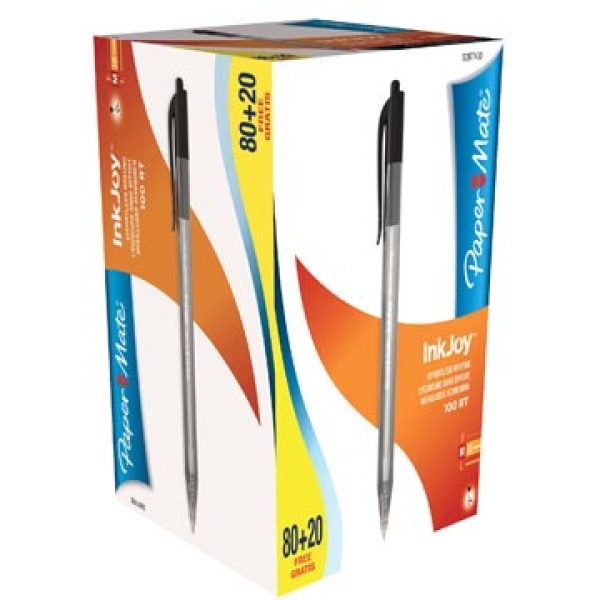 977430 9774 97743 papermate ballpoint balpen bic pen pennen schrijfgerei stylo inkjoy 100 rt zwart 80 balpennen + 20 gratis paper mate doos intrekbaar 11paps0957030 329762 615111 5980032 s0977430 3501170977439 1 mm medium