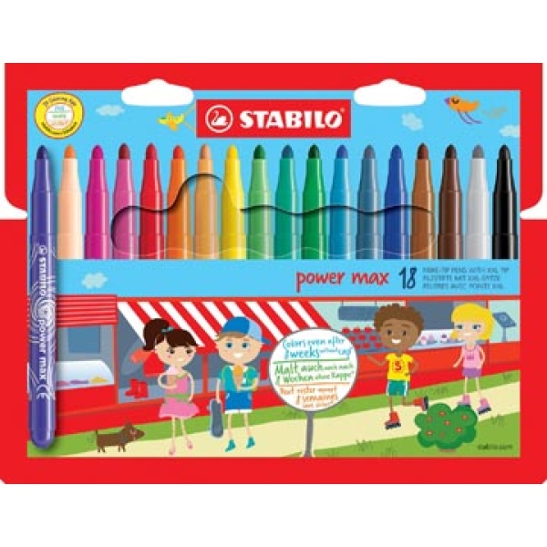 kleurstiften stiften 9801801 9801 98018 980180 stabilo kleurstift schrijfgerei stift viltstift viltstiften in power geassorteerde max etui kleuren 18 stuks 980/18-01 04006381483957 4006381483957 4006381483940 assortiment aan kleuren