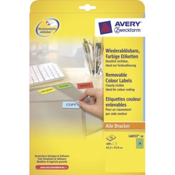 l603320 l603 l6033 l60332 zweckform etiket etiketje etiketjes label labels avery 63 9 groen ft 5 x 33 mm 480 stuks 24 per blad afneembare gekleurde etiketten b h 6895579 l6033-20 4004182288252 4004182288245 rechthoekig recht voor kopieertoestel