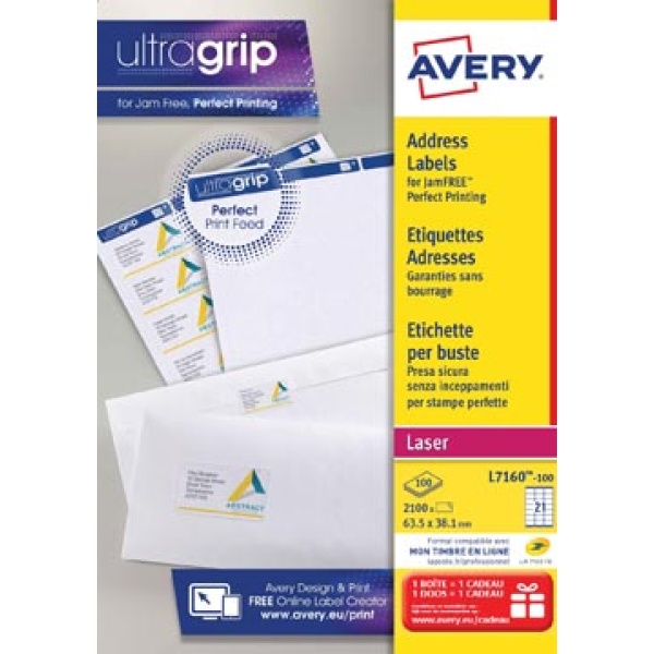 l7160 l716 avery etiket etiketje etiketjes label labels 63 1 100 5 x 38 mm adresetiketten laser ultragrip vellen wit vel etiketten 13avel7160 143242 402750 661025 817180 avl7160 l7160-100 3266559260211 3266550260210 rechthoekig fsc mix{{fsc_m}}