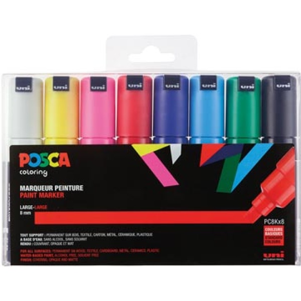 pc8k8 pc8k uni-ball paintmarker paintmarkers verfmarker verfmarkers posca doos 8 stuks in geassorteerde kleuren paint marker op waterbasis pc-8k markers 230926 6897849 m7-802174 5190831 pc8k/8 14902778974718 4902778974711 assortiment aan kleuren