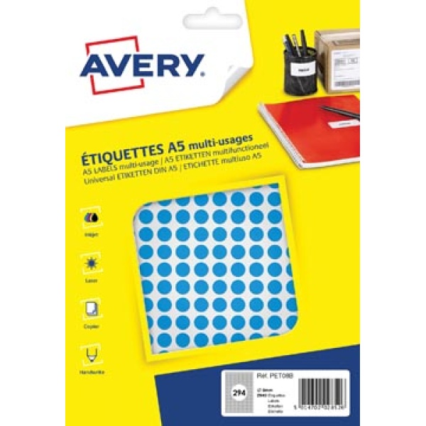 pet08b pet0 pet08 avery markeringsetiketten blister ronde diameter 8 mm 2940 stuks blauw 5014702028557 5014702028588 5014702028526 8 mm rond 294 ecologisch fsc mix{{fsc_m}}