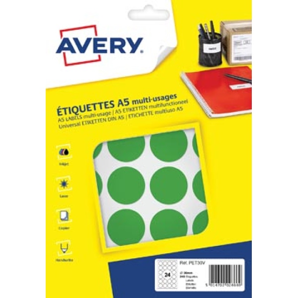 pet30v pet3 pet30 avery markeringsetiketten ronde diameter 30 mm blister 240 stuks groen 5014702027277 5014702027956 5014702026669 30 mm rond 24 voor laser voor inkjet voor kopieertoestel ecologisch