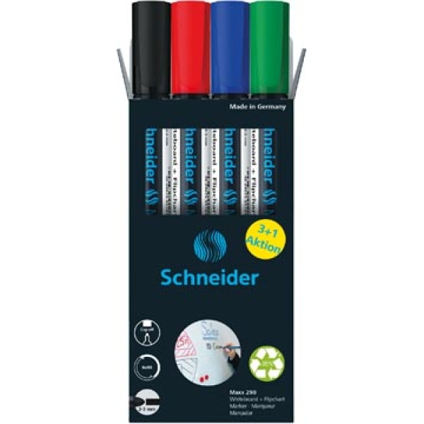 s129084 s129 s1290 s12908 schneider marker markers stift stiften whiteboard whiteboardmarker whiteboardmarkers witbordstift witbordstiften whiteboardstift witbordmarker maxx 290 assorti 3 + 1 gratis s-129084 4004675096890 4004675096883 assortiment aan kleuren ecologisch