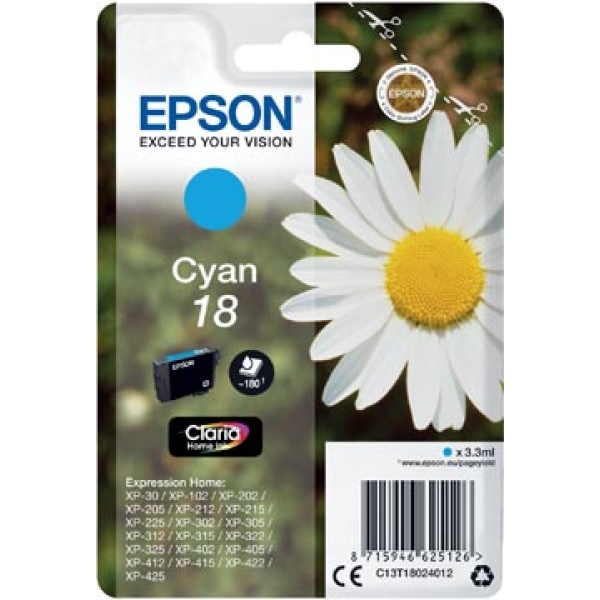 18 t180241 t180 t1802 t18024 epson cartridge cartridges inkjet inkjets inkpatronen inkt inktcartridge inktpatroon cyaan oem 180 pagina's c13t18024012 357421 402511 88837031n tbc 8715946625126 8715946627366