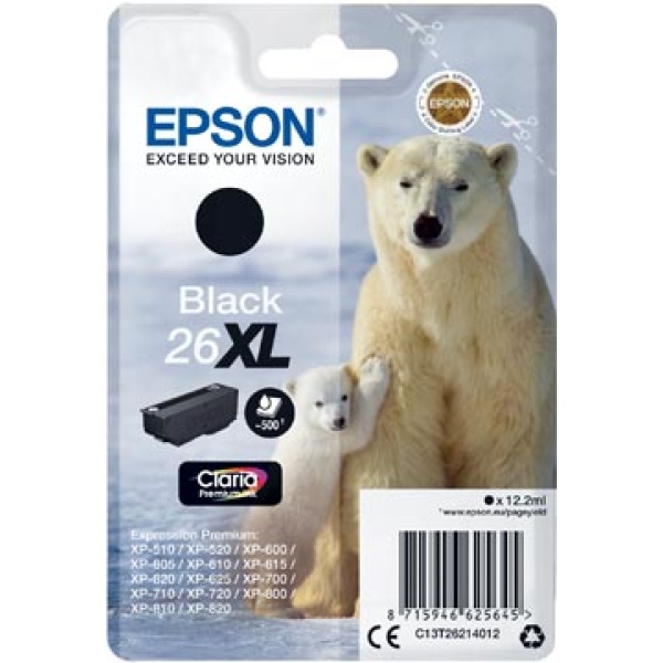 26XL XL 26 t262141 t262 t2621 t26214 epson cartridge cartridges inkjet inkjets inkpatronen inkt inktcartridge inktpatroon 26xl oem zwart 500 pagina's c13t26214012 343331 402525 a4-2666475 8715946625645 8715946628127