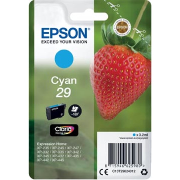 29 t298241 t298 t2982 t29824 epson cartridge cartridges inkjet inkjets inkpatronen inkt inktcartridge inktpatroon cyaan oem 180 pagina's c13t29824012 343236 402539 88843736n epint298242 8715946625980 8715946626666