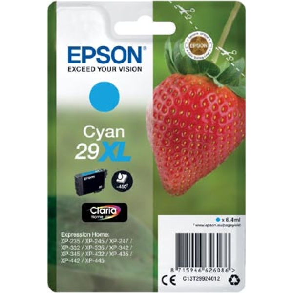 29XL XL 29 t299241 t299 t2992 t29924 epson cartridge cartridges inkjet inkjets inkpatronen inkt inktcartridge inktpatroon 29x 29xl cyaan l 450 oem pagina's c13t29924012 348109 402544 88843741n epint299242 8715946626086 8715946626581