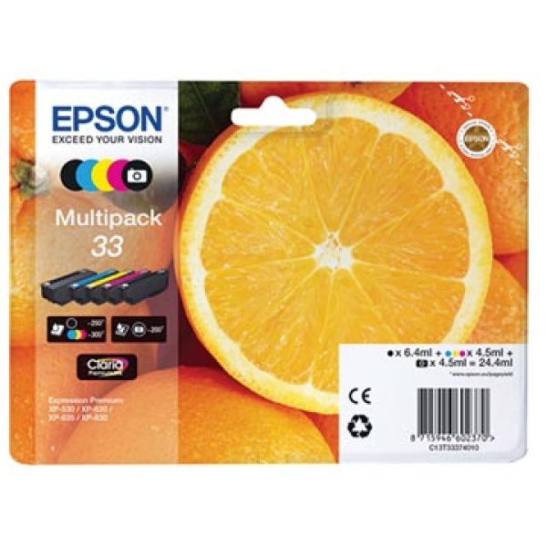 t333741 t333 t3337 t33374 epson cartridge cartridges inkjet inkjets inkpatronen inkt inktcartridge inktpatroon 33 oem 5 kleuren 200 - 300 pagina's 357150 c13t33374011 2890560 epint3337401 8715946645278 assortiment aan kleuren