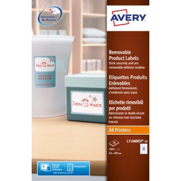 l710820 l710 l7108 l71082 avery etiket etiketje etiketjes label labels ft 62 x 89 mm 180 stuks 9 per blad doos 20 afneembare productetiketten b h etiketten 5535891 6895728 811182 l7108rev-20 4004182051870 4004182051863 rechthoekig recht wit voor kopieertoestel